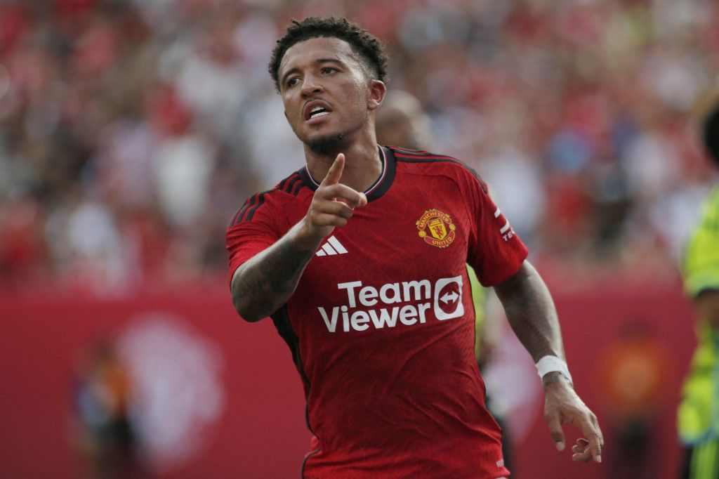 Jadon Sancho of Manchester United celebrates after scoring during the friendly football match between Manchester United and Arsenal at MetLife Stadium in East Rutherford, New Jersey, on July 22, 2023. (Photo by Leonardo Munoz / AFP)