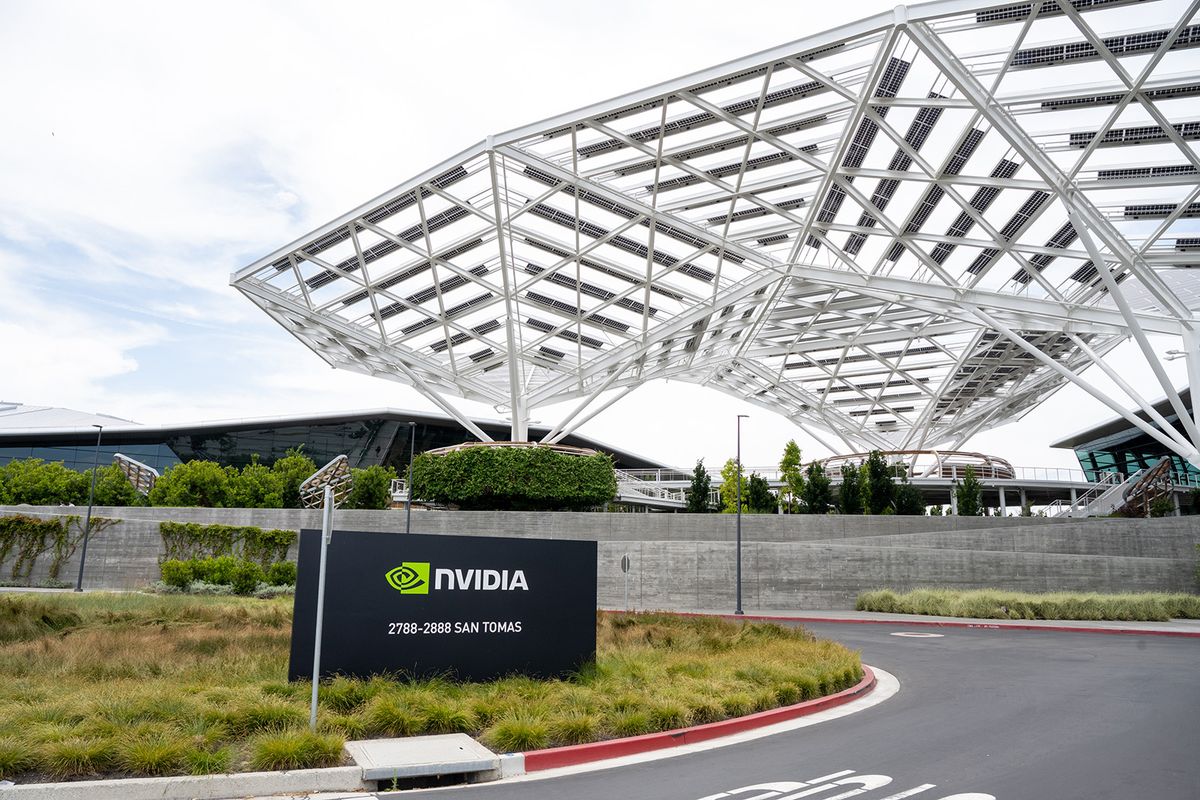 Nvidia headquarters in Santa Clara, California, US, on Monday, June 5, 2023. Nvidia Corp., suddenly at the core of the world's most important technology, owns 80% of the market for a particular kind of chip called a data-center accelerator, and the current wait time for one of its AI processors is eight months. Photographer: Marlena Sloss/Bloomberg via Getty Images