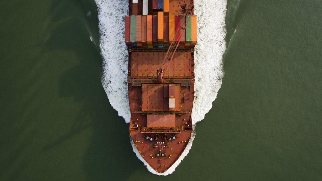 A large container ship sails to the port of Antwerp from the Netherlands (Photo by Mischa Keijser / Cultura Creative / Cultura Creative via AFP)