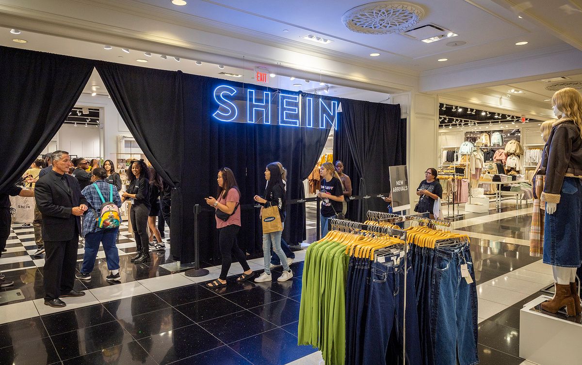 Shoppers line up to shop on the opening day of  fast fashion e-commerce giant Shein, which is hosting a brick-and-mortar pop up inside Forever 21 at Ontario Mills mall