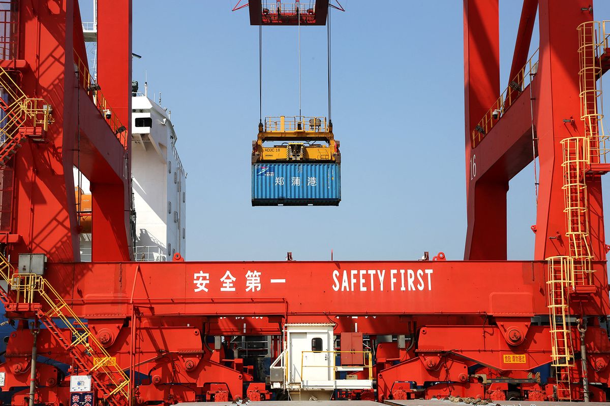 LIANYUNGANG, CHINA - SEPTEMBER 7,2023 - A general view of containers loading and unloading at the container terminal in Lianyungang, Jiangsu province, China, Sept 7, 2023. China's imports and exports in the first eight months of 2023 totaled 27.08 trillion yuan, down slightly by 0.1% year-on-year, according to data released by the General Administration of Customs on Monday. Among them, exports reached 15.47 trillion yuan, up by 0.8%. Imports were 11.61 trillion yuan, down 1.3 percent. In August, China's imports and exports reached 3.59 trillion yuan, up 3.9 percent from the previous month. (Photo by Costfoto/NurPhoto) (Photo by CFOTO / NurPhoto / NurPhoto via AFP)