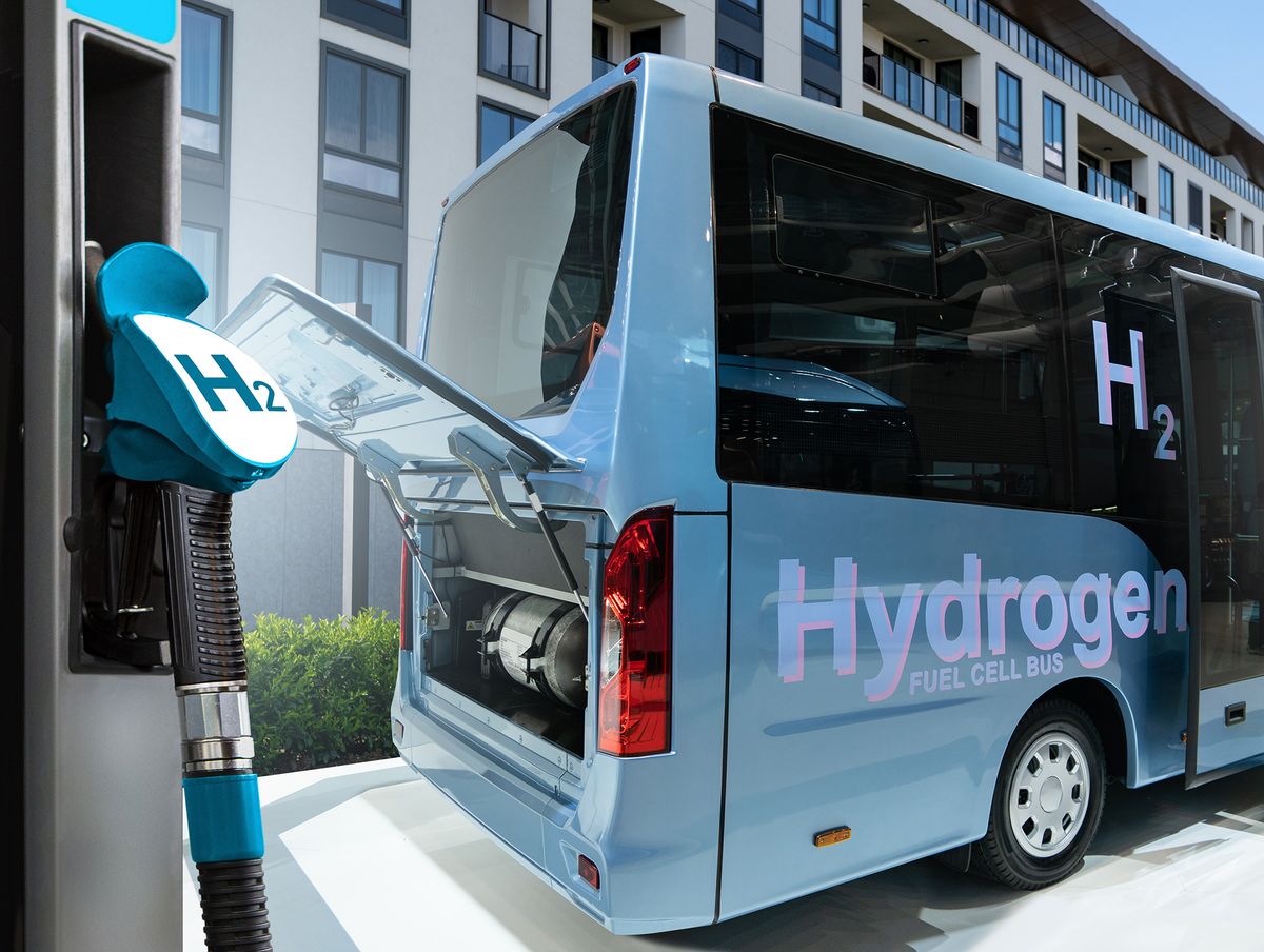 Bus,On,Hydrogen,Fuel,With,H2,Filling,Station