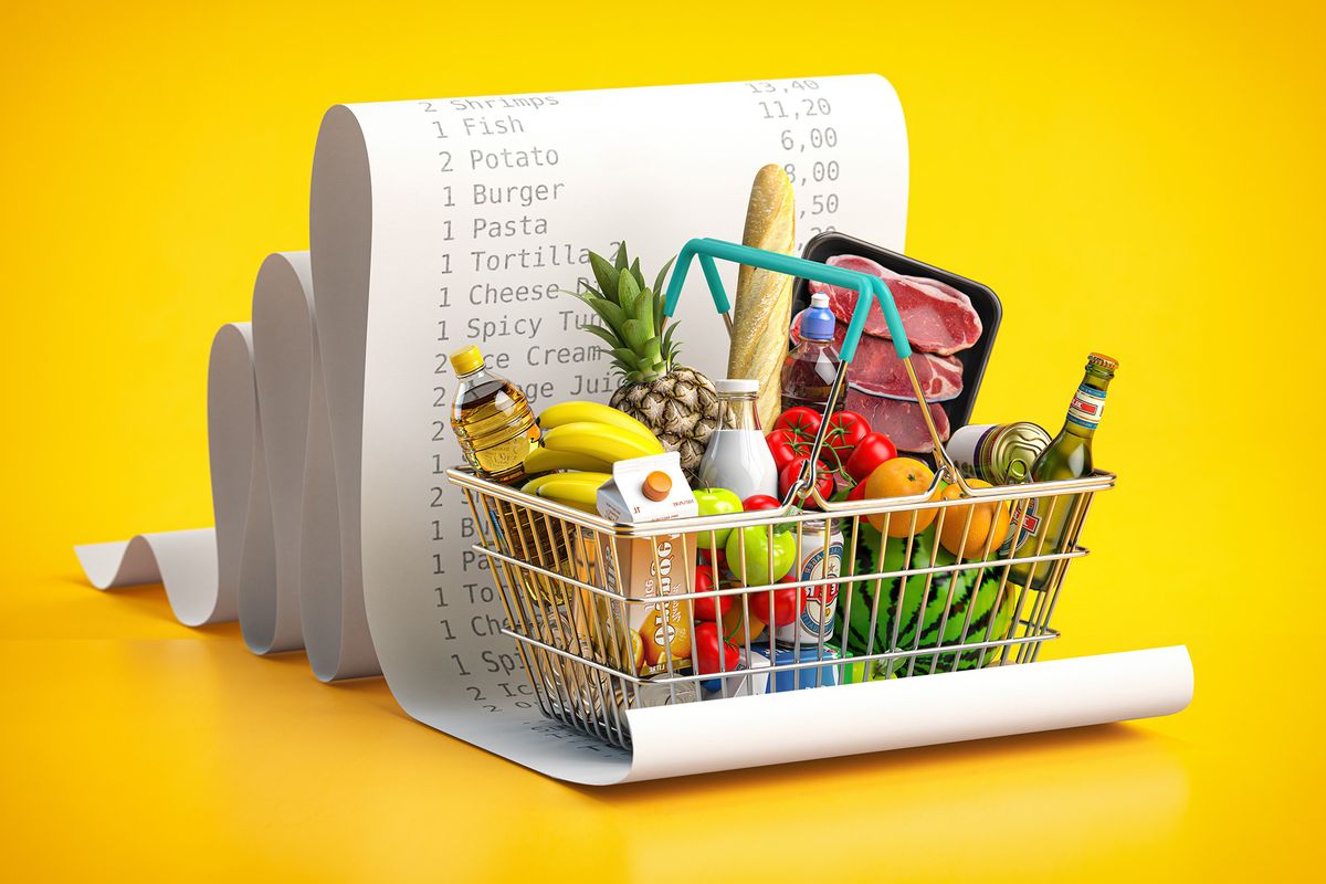 Shopping,Basket,With,Foods,On,Receipt.,Grocery,Expenses,Budget,,Inflation
Shopping basket with foods on receipt. Grocery  expenses budget, inflation and consumerism concept. 3d illustration