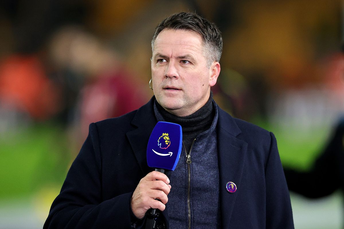 WOLVERHAMPTON, ENGLAND - DECEMBER 05: TV pundit and former footballer, Michael Owen looks on as he speaks prior to the Premier League match between Wolverhampton Wanderers and Burnley FC at Molineux on December 05, 2023 in Wolverhampton, England. (Photo by David Rogers/Getty Images)