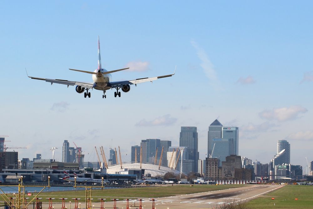 British,Airways,Plane,Landing,At,London's,City,Airport,On,A
