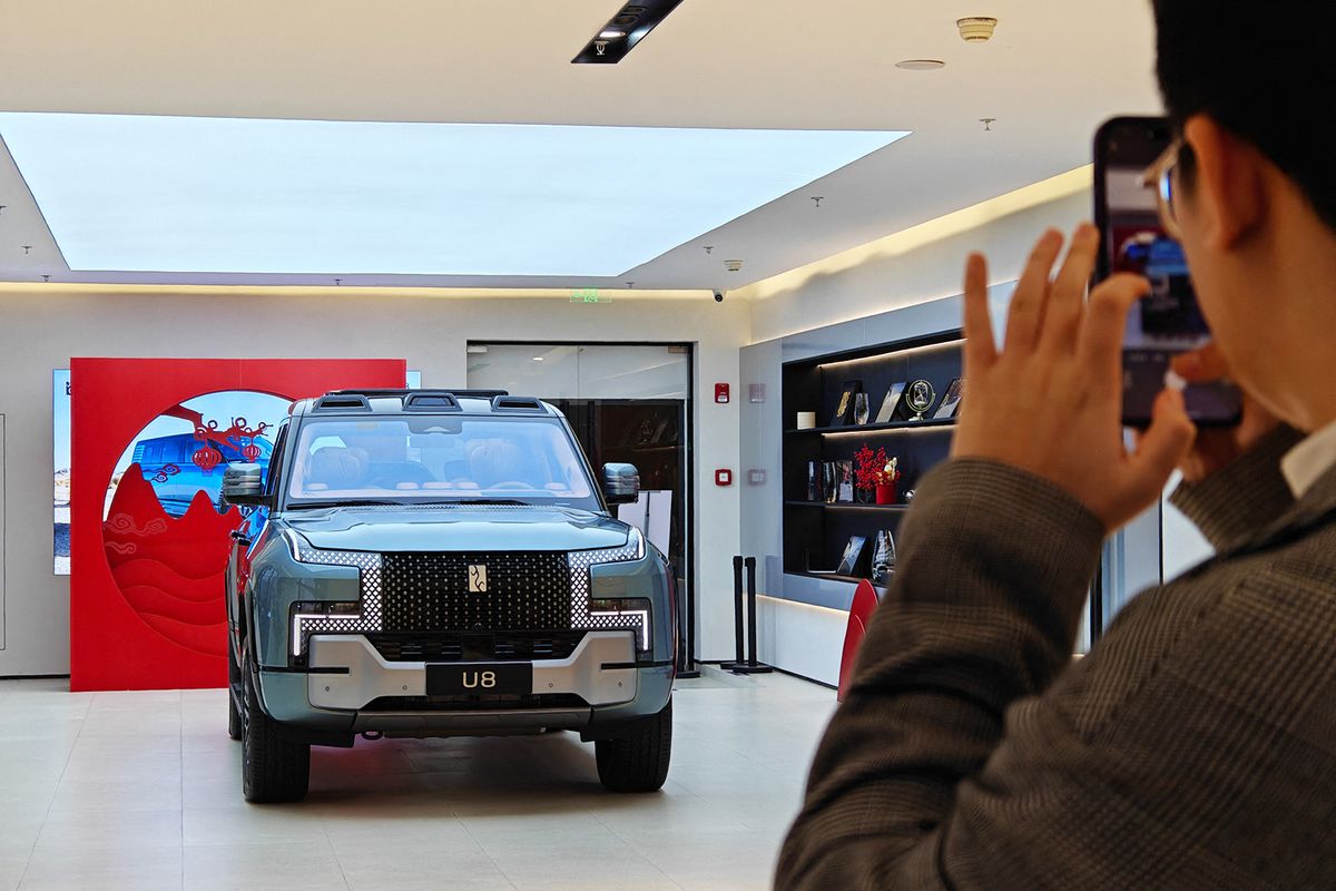 A model of the premium brand YANGWANG U8 is being displayed at a BYD store in Shanghai, China, on January 19, 2024. (Photo by Costfoto/NurPhoto) (Photo by CFOTO / NurPhoto / NurPhoto via AFP)