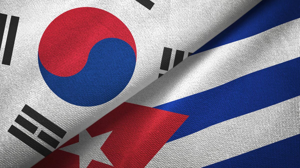 Cuba and South Korea two flags together textile cloth, fabric texture