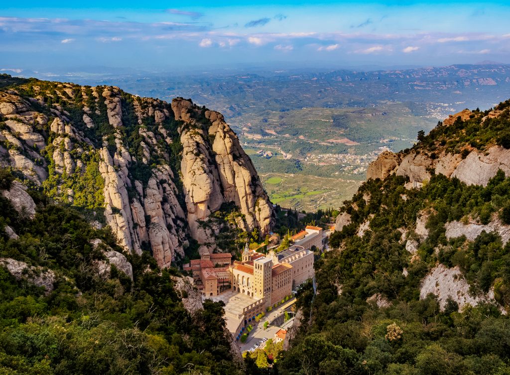 Santa Maria de Montserrat Abbey, elevated view, Montserrat mountain range near Barcelona, Catalonia, Spain