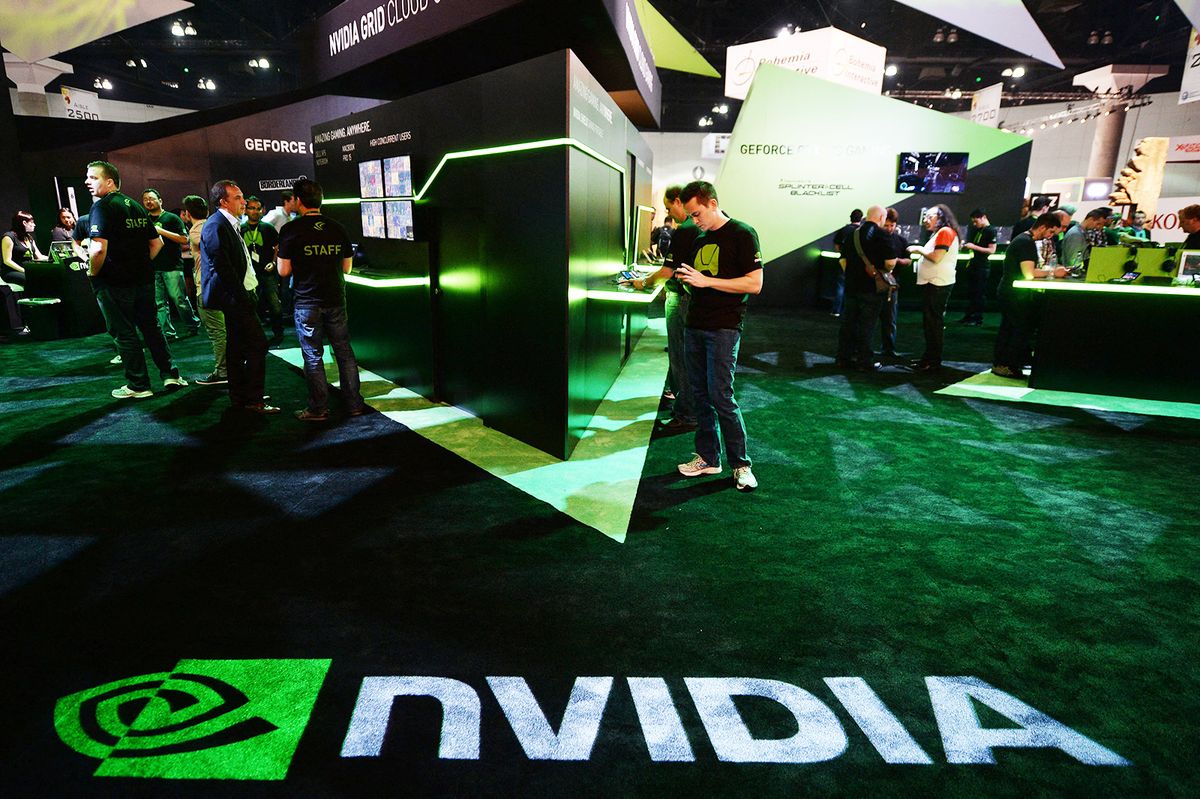 The Nvidia display is seen on the first day of the Electronic Entertainment Expo (E3) in Los Angeles, California, June 11, 2013.   The Electronic Entertainment Expo (E3), an annual trade fair for the computer and video games industry, runs from June 11-13. AFP PHOTO / ROBYN BECK (Photo by ROBYN BECK / AFP)