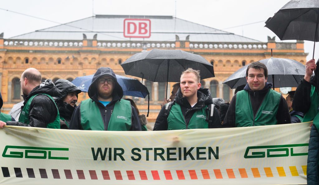 GDL strike on the railroads - Hanover26 January 2024, Lower Saxony, Hannoer: GDL members strike in front of Hanover Central Station. The German Train Drivers' Union (GDL) has called for another strike at Deutsche Bahn lasting several days. This is the fourth and by far the longest industrial action in the ongoing wage dispute at Deutsche Bahn. Photo: Julian Stratenschulte/dpa (Photo by Julian Stratenschulte/picture alliance via Getty Images)