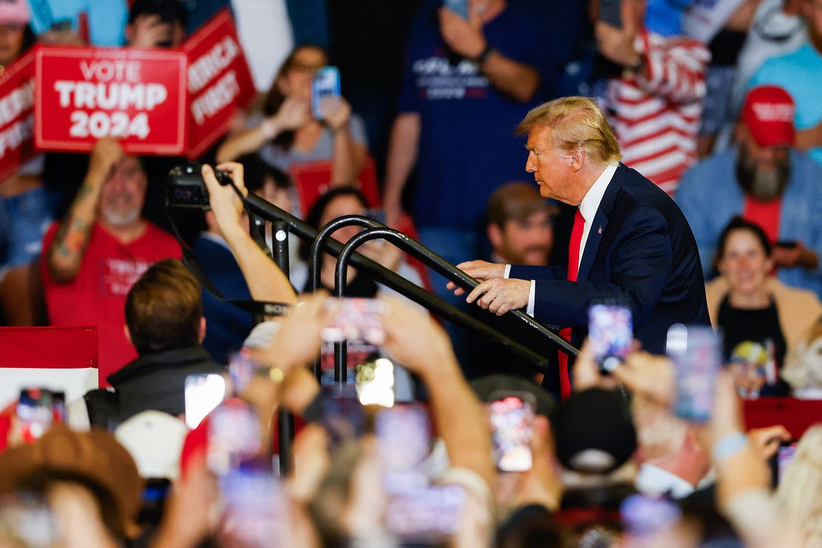 Former US President and 2024 presidential hopeful Donald Trump arrives at a "Get Out the Vote" Rally in Conway, South Carolina, on February 10, 2024. (Photo by Julia Nikhinson / AFP)