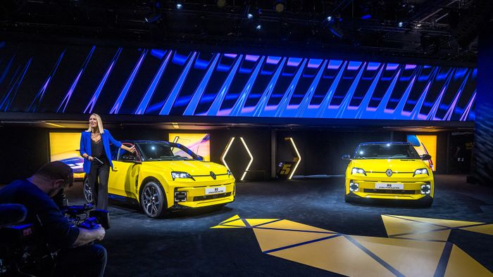 The new Renault R5 E-Tech electric model car is introduced as world premiere by the French carmaker on February 26, 2024 during a press day ahead of the Geneva International Motor Show in Geneva. (Photo by Fabrice COFFRINI / AFP)