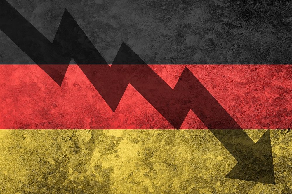 Arrow,Down,On,The,Background,Of,The,Germany,Flag.,The