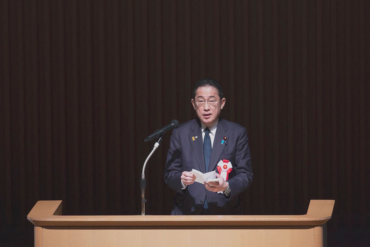 Japanese Prime Minister Fumio Kishida gives a speech at the 2024 National Convention to demand the return of the Northern Territories in Tokyo on February 7, 2024. - 20240207_PD1363 (Photo by Stanislav Kogiku / APA-PictureDesk / APA-PictureDesk via AFP)