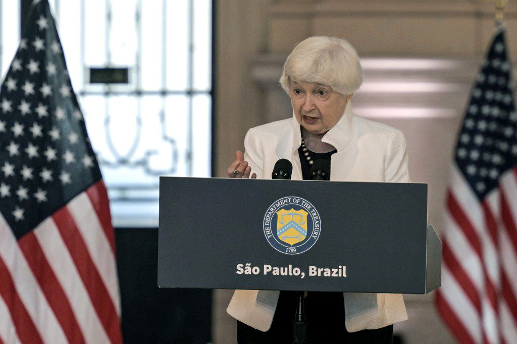 BRAZIL-US-POLITICS-FINANCE-YELLENUS Treasury Secretary Janet Yellen speaks during a press conference in Sao Paulo, Brazil, on February 27, 2024. (Photo by Nelson ALMEIDA / AFP)
