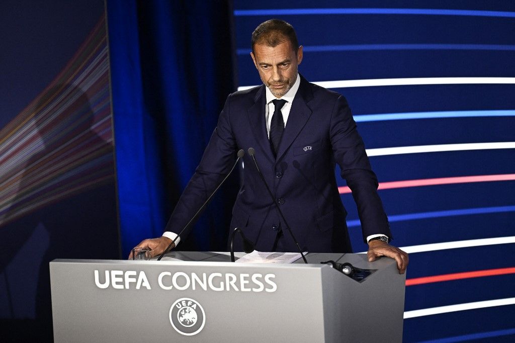 UEFA president Aleksander Ceferin delivers a speech during the 48th UEFA ordinary Congress held at the Maison de la Mutualite in Paris on February 8, 2024. (Photo by JULIEN DE ROSA / AFP)