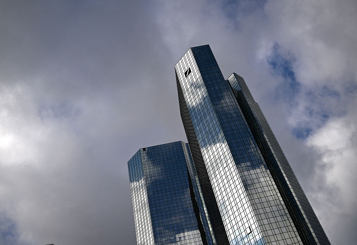 Deutsche Bank in Frankfurt am Main
01 February 2024, Hesse, Frankfurt/Main: Clouds are reflected in the glass façade of Deutsche Bank's headquarters. Photo: Arne Dedert/dpa (Photo by ARNE DEDERT / DPA / dpa Picture-Alliance via AFP)