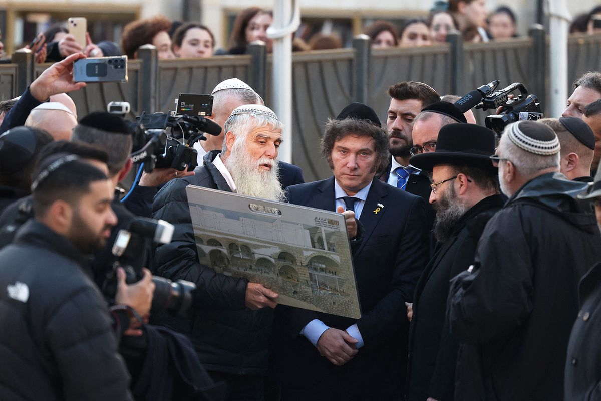 Argentina's President Javier Milei visits the Western Wall, the last remaining vestige of the Second Temple which is considered the holiest site where Jews can pray, in Jerusalem's Old City on February 6, 2024. (Photo by RONALDO SCHEMIDT / AFP)