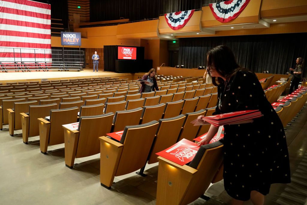 Nikki Haley Campaigns In Utah For The Republican Presidential NominationOREM, UTAH - FEBRUARY 28: Volunteers place signs in seats before Republican presidential candidate, former U.N. ambassador Nikki Haley holds a campaign event at the Noorda Center for the Performing Arts on the campus of Utah Valley University on February 28, 2024 in Orem, Utah. This is one of the stops for the Haley campaign as they prepare for Super Tuesday voting.  (Photo by George Frey/Getty Images)