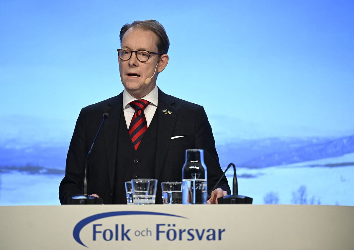 Sweden's Foreign Minister Tobias Billstrom delivers a speech at the Society and Defense National Conference, in Salen on January 7, 2024. (Photo by Pontus LUNDAHL / various sources / AFP) / Sweden OUT