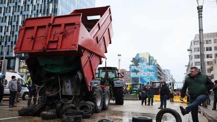 Tractors pictured in the early morning during a protest action of farmers' organizations 'Federation Unie de Groupements d'Eleveurs et d'Agriculteurs' (FUGEA), Boerenforum and MAP, organized in response to the European Agriculture Council, in Brussels, Monday 26 February 2024. Farmers continue their protest across Europe as they demand better conditions to grow, produce and maintain a proper income.BELGA PHOTO BENOIT DOPPAGNE (Photo by BENOIT DOPPAGNE / BELGA MAG / Belga via AFP)