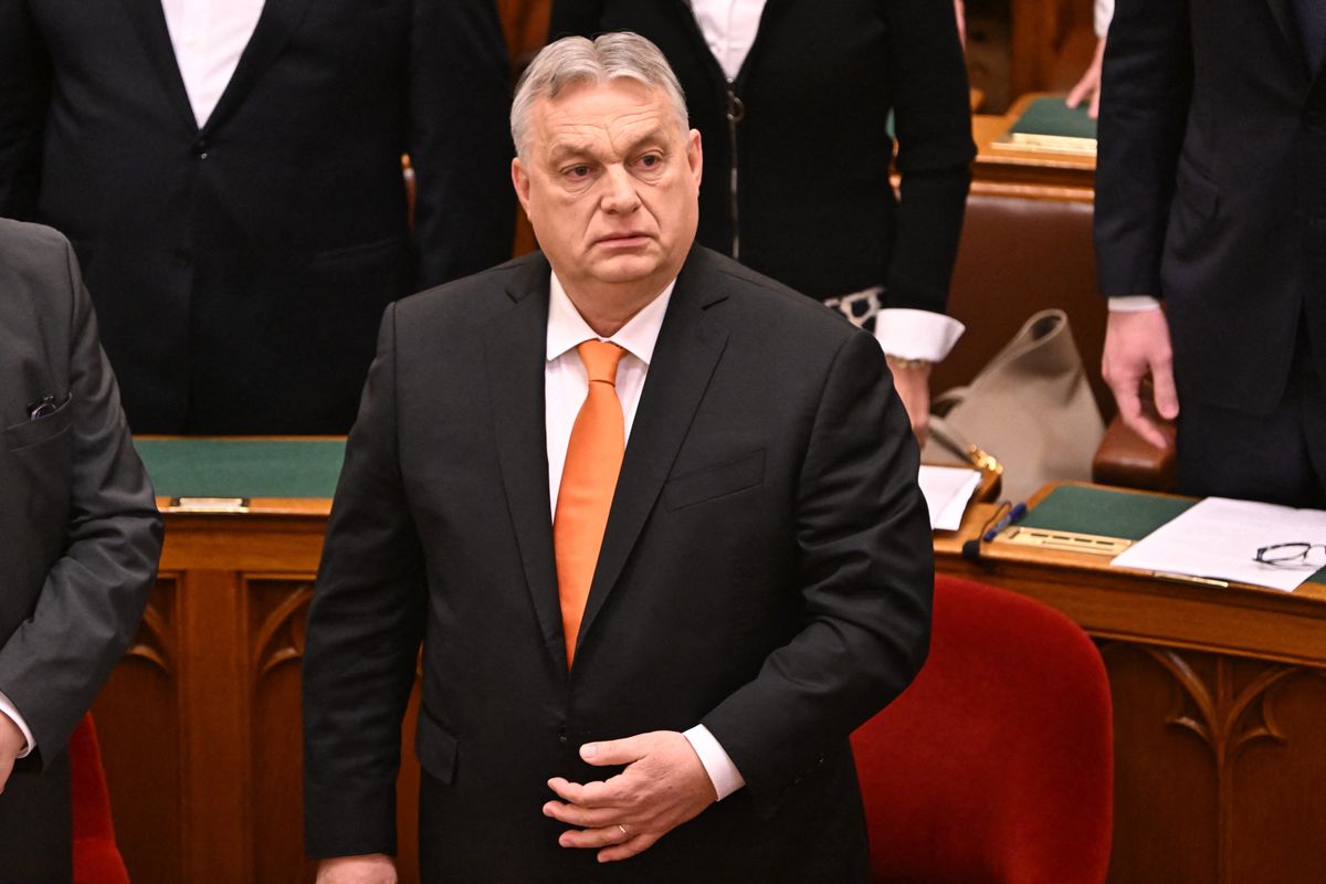 Hungary's Prime Minister Viktor Orban reacts on February 26, 2024 at the Parliament in Budapest,  prior to the vote on Sweden's membership to NATO and the vote on the new State President, the former Constitutional Court President Tamas Sulyok. (Photo by ATTILA KISBENEDEK / AFP)