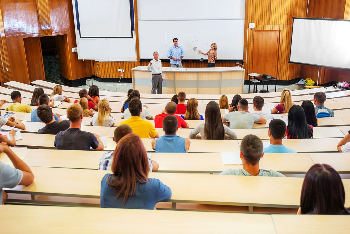 Students at the lecture.
Professors and assistants explaining a lecture to a group of college students.   