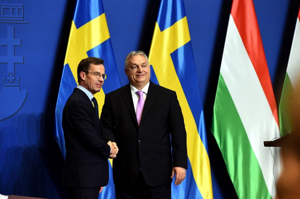 Viktor Orban Meets With Ulf KristerssonSwedish Prime Minister Ulf Kristersson is meeting with Hungarian Prime Minister Viktor Orban in Budapest, as Hungary remains the last NATO member to not ratify Sweden's bid to join NATO, on (Photo by Balint Szentgallay/NurPhoto) (Photo by Balint Szentgallay / NurPhoto / NurPhoto via AFP)