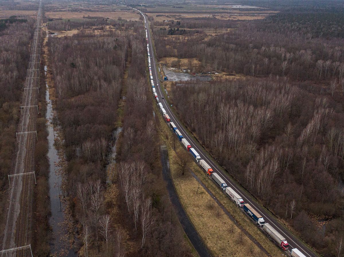 DOROHUSK, POLAND - FEBRUARY 21: An aerial view of Ukrainian cargo trucks in line as an ongoing blockade by Polish farmers continues at the Polish-Ukrainian border in Dorohusk, Poland on February 21, 2024. Since February 09, 2024, Polish farmers have called a national protest against the proposed EU Green Deal and also against the import of certain Ukrainian agricultural products under the Free trade agreement due to the ongoing Russian war on Ukraine. Omar Marques / Anadolu (Photo by Omar Marques / ANADOLU / Anadolu via AFP)