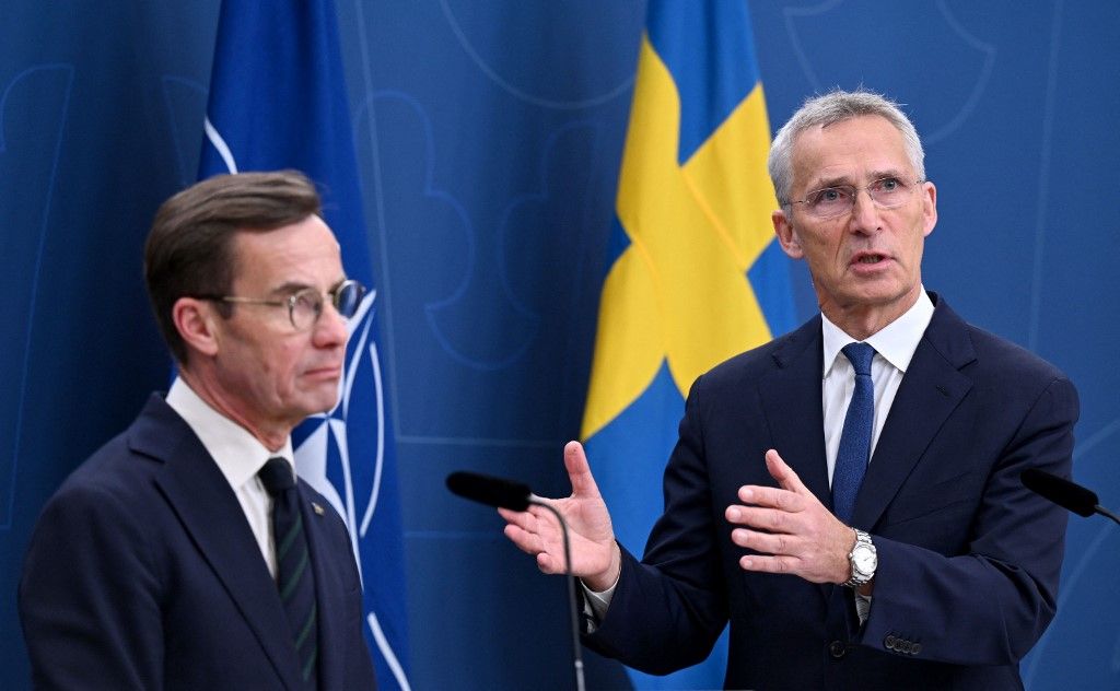 Sweden's Prime Minister Ulf Kristersson (L) and NATO Secretary General Jens Stoltenberg address a press conference on October 24, 2023 in Stockholm, Sweden, where Stoltenberg will be attending the 2023 NATO-Industry Forum themed "Addressing the New Strategic Reality Together". (Photo by Jonathan NACKSTRAND / AFP)