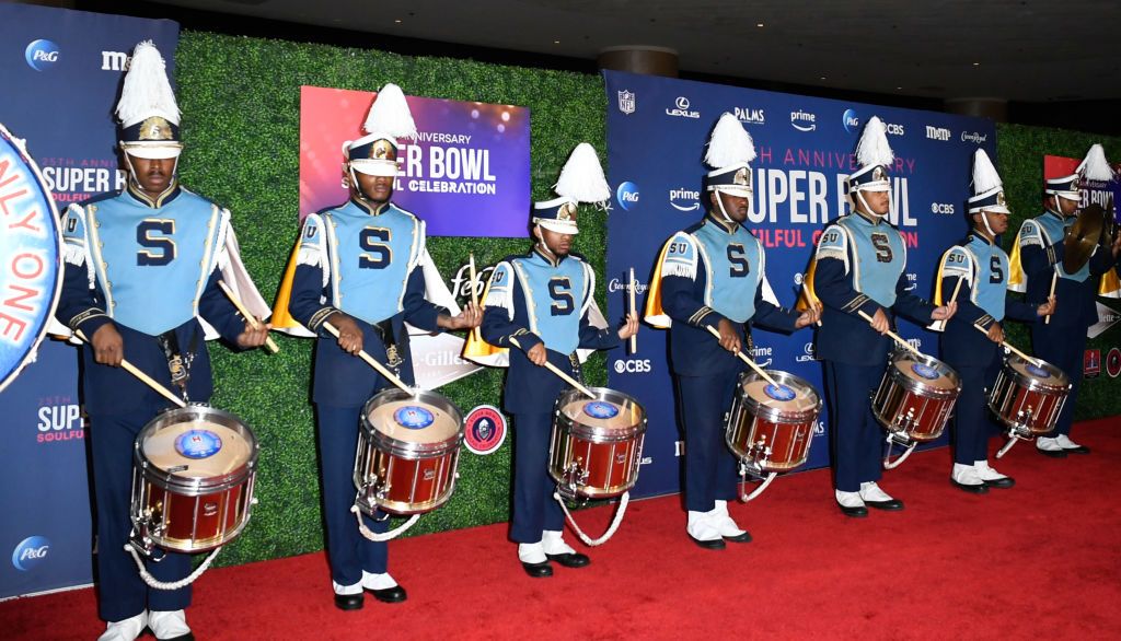 Super Bowl Soulful Celebration 25th Anniversary - ArrivalsLAS VEGAS, NEVADA - FEBRUARY 07:  Southern University Human Jukebox arrives at the Super Bowl Soulful Celebration 25th Anniversary at Pearl Theater at the Palms Casino Resort on February 07, 2024 in Las Vegas, Nevada. (Photo by Mindy Small/Getty Images)