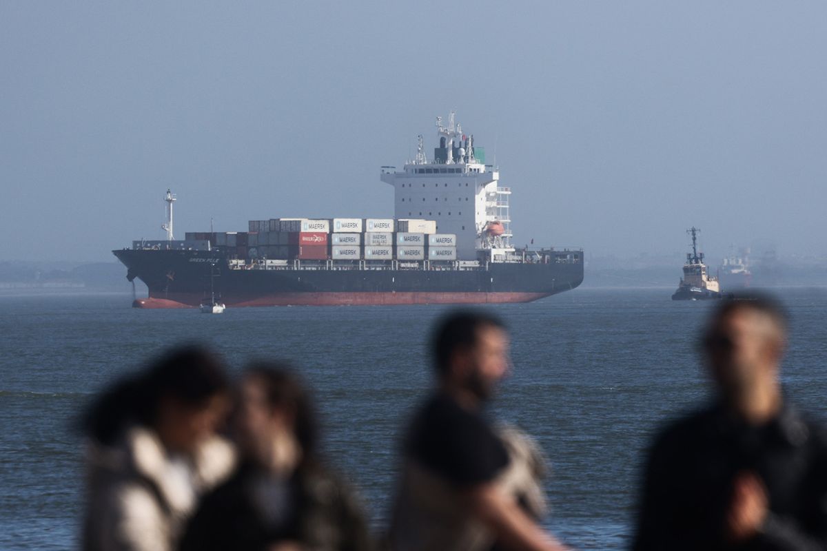 A container ship is seen in Lisbon, Portugal on February 12, 2024. (Photo by Jakub Porzycki/NurPhoto) (Photo by Jakub Porzycki / NurPhoto / NurPhoto via AFP)