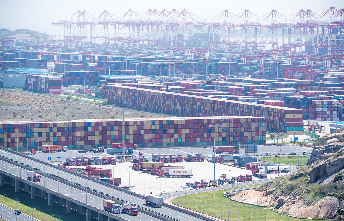 A general view of the Yangshan Deep-Water Port, an automated cargo wharf, in Shanghai on April 9, 2018. China warned that trade talks with the United States were "impossible" under current conditions after President Donald Trump reassured markets by suggesting that the dispute could be resolved. (Photo by Johannes EISELE / AFP)