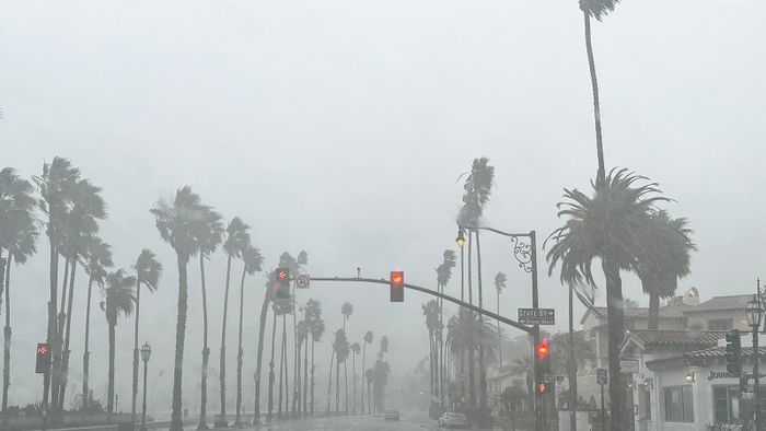 February 4, 2024, Montecito, California, U.S.A: An unusually gray Downtown Santa Barbara during the flash flood on Feb. 4, 2024, shows palm trees and wet streets: the only color is the red stop signs. (Credit Image: © Amy Katz/ZUMA Press Wire)