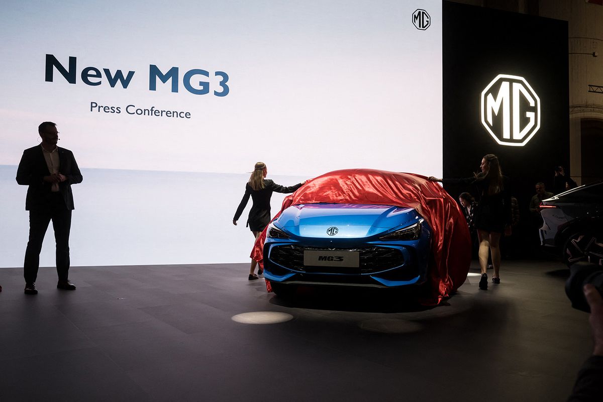 MG The new MG3 electric model car is presented at the booth of MG Motor company owned by Chinese state-owned carmaker SAIC on February 26, 2024 during a press day ahead of the Geneva International Motor Show in Geneva. (Photo by Fabrice COFFRINI / AFP)