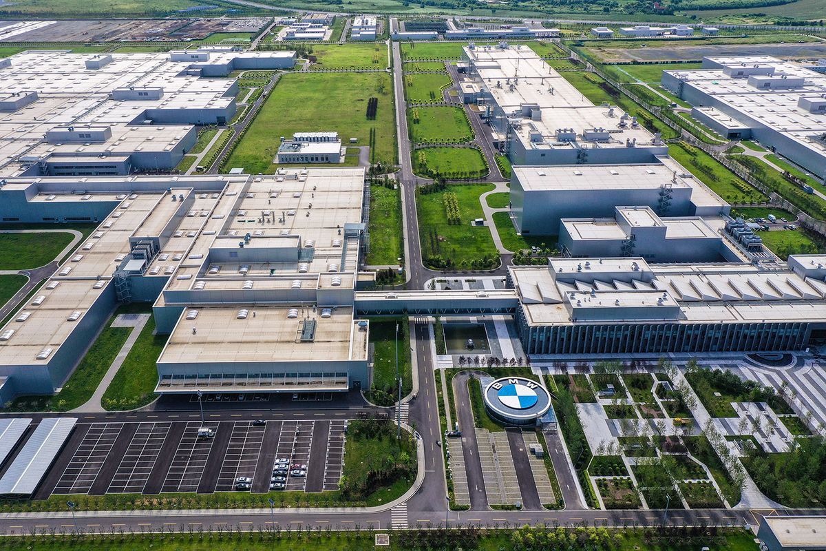 This aerial photo taken on August 8, 2022 shows a factory of German auto manufacturer BMW in Shenyang in China's northeastern Liaoning province. (Photo by AFP) / China OUT