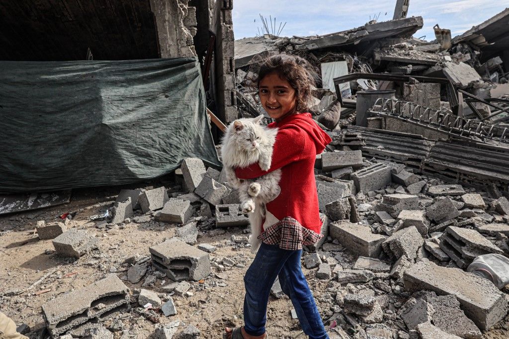 A Palestinian child carries a cat in the rubble of damaged buildings following Israeli bombardment in Rafah, on the southern Gaza Strip on February 12, 2024, amid ongoing battles between Israel and the militant roup Hamas. Israel announced on February 12 the rescue of two hostages in the southern Gaza city of Rafah, where the Hamas-run health ministry said "around 100" Palestinians including children were killed in heavy overnight air strikes. (Photo by SAID KHATIB / AFP)