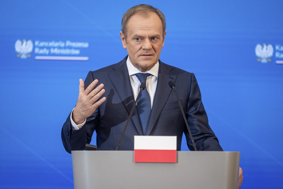Polish Prime Minister Donald Tusk addresses a joint press conference with the Belgian Prime Minister and the European Commission president (both unseen) at the Polish Prime Minister's office in Warsaw, Poland, February 23,2024. (Photo by Wojtek Radwanski / AFP)