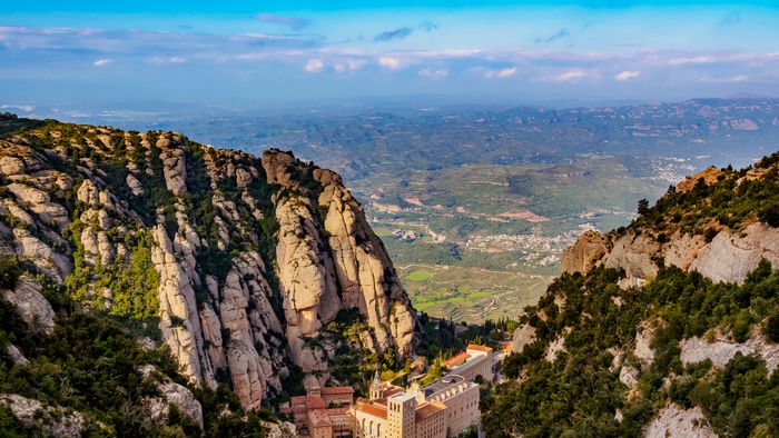 Santa Maria de Montserrat Abbey, elevated view, Montserrat mountain range near Barcelona, Catalonia, Spain
