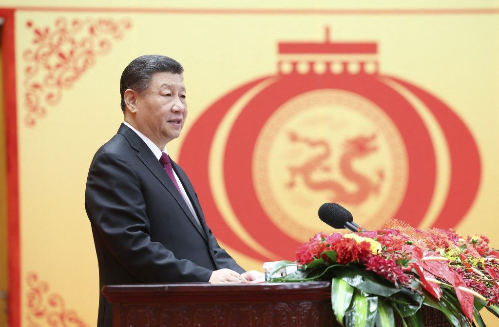 CHINA-BEIJING-CPC CENTRAL COMMITTEE-STATE COUNCIL-SPRING FESTIVAL-RECEPTION (CN)(240208) -- BEIJING, Feb. 8, 2024 (Xinhua) -- Chinese President Xi Jinping, also general secretary of the Communist Party of China (CPC) Central Committee and chairman of the Central Military Commission, delivers a speech at a Spring Festival reception at the Great Hall of the People in Beijing, capital of China, Feb. 8, 2024. The CPC Central Committee and the State Council held the reception on Thursday in Beijing. (Xinhua/Ju Peng) (Photo by JU PENG / XINHUA / Xinhua via AFP)