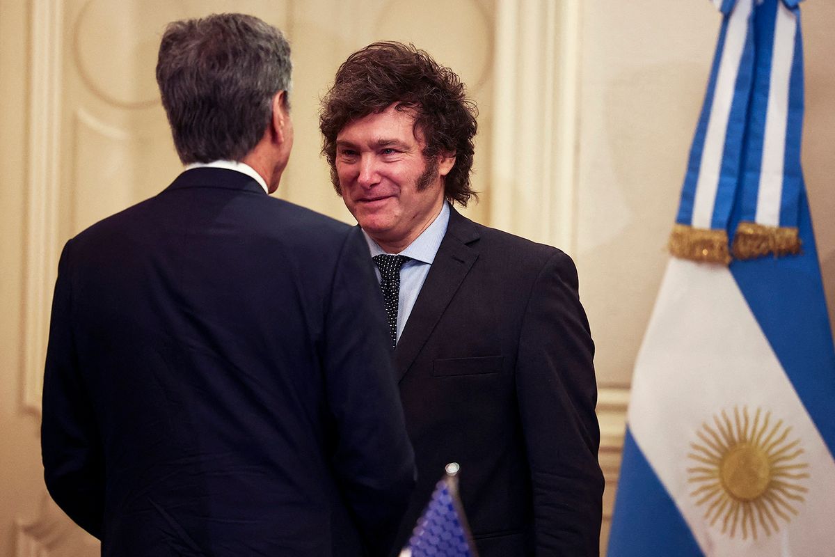 Argentina's President Javier Milei (R) meets with US Secretary of State Antony Blinken at the Casa Rosada Presidential Palace, in Buenos Aires on February 23, 2024. (Photo by AGUSTIN MARCARIAN / POOL / AFP)