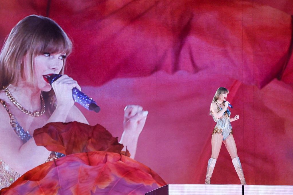 US singer Taylor Swift performs on stage during a concert as part of her Eras World Tour in Sydney on February 23, 2024. (Photo by DAVID GRAY / AFP) / -- IMAGE RESTRICTED TO EDITORIAL USE - STRICTLY NO COMMERCIAL USE -- / “The erroneous mention[s] appearing in the metadata of this photo by DAVID GRAY has been modified in AFP systems in the following manner:  [Adding RESTRICTIONS]  Please immediately use the restrictions on all your online services and make the necessary changes in your servers.  If you have been authorized by AFP to distribute it (them) to third parties, please ensure that the same actions are carried out by them. Failure to promptly comply with these instructions will entail liability on your part for any continued or post notification usage. Therefore we thank you very much for all your attention and prompt action. We are sorry for the inconvenience this notification may cause and remain at your disposal for any further information you may require.”