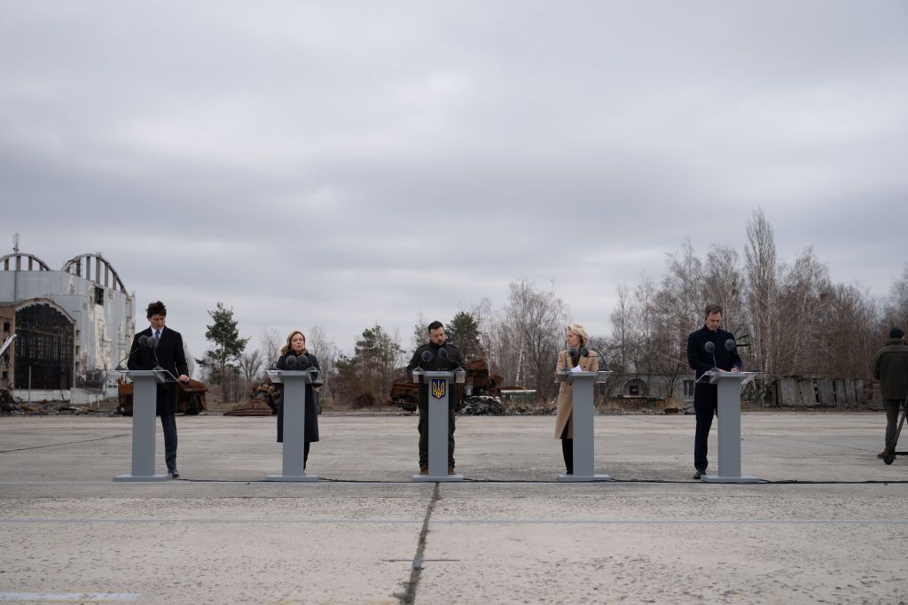 G7 meeting in Kyiv as Ukraine marks second anniversary of warKYIV, UKRAINE - FEBRUARY 24: (----EDITORIAL USE ONLY  MANDATORY CREDIT - 'ITALIAN PRIME MINISTRY / PALAZZO CHIGI / HANDOUT' - NO MARKETING NO ADVERTISING CAMPAIGNS - DISTRIBUTED AS A SERVICE TO CLIENTS----) Italian Prime Minister Giorgia Meloni (2nd L), Belgian Prime Minister Alexander De Croo (R), Canadian Prime Minister Justin Trudeau (L), President of the European Comission Ursula von der Leyen (2nd R) and Ukrainian President Volodymyr Zelenskyy (C) attend the G7 Heads of State and Government meeting as the war between Russia and Ukraine marks its second anniversary in Kyiv, Ukraine on February 24, 2024. (Photo by ITA Prime Ministry / Palazzo Chigi / Handout/Anadolu via Getty Images)