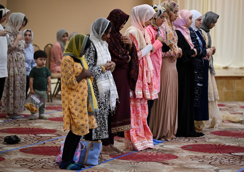 Eid al-Adha Prayer in Silicon Valley of CaliforniaSANTA CLARA, CA - JUNE 28: Muslim women perform the Eid al-Adha prayer during the first day of the Eid al-Adha holiday at the (MCA) Muslim Community Association in Santa Clara, California, United States on June 28, 2023. Eid al-Adha is the Feast of Sacrifice, the second and the largest of the two main holidays celebrated in Islam. Tayfun Coskun / Anadolu Agency (Photo by Tayfun Coskun / ANADOLU AGENCY / Anadolu via AFP)