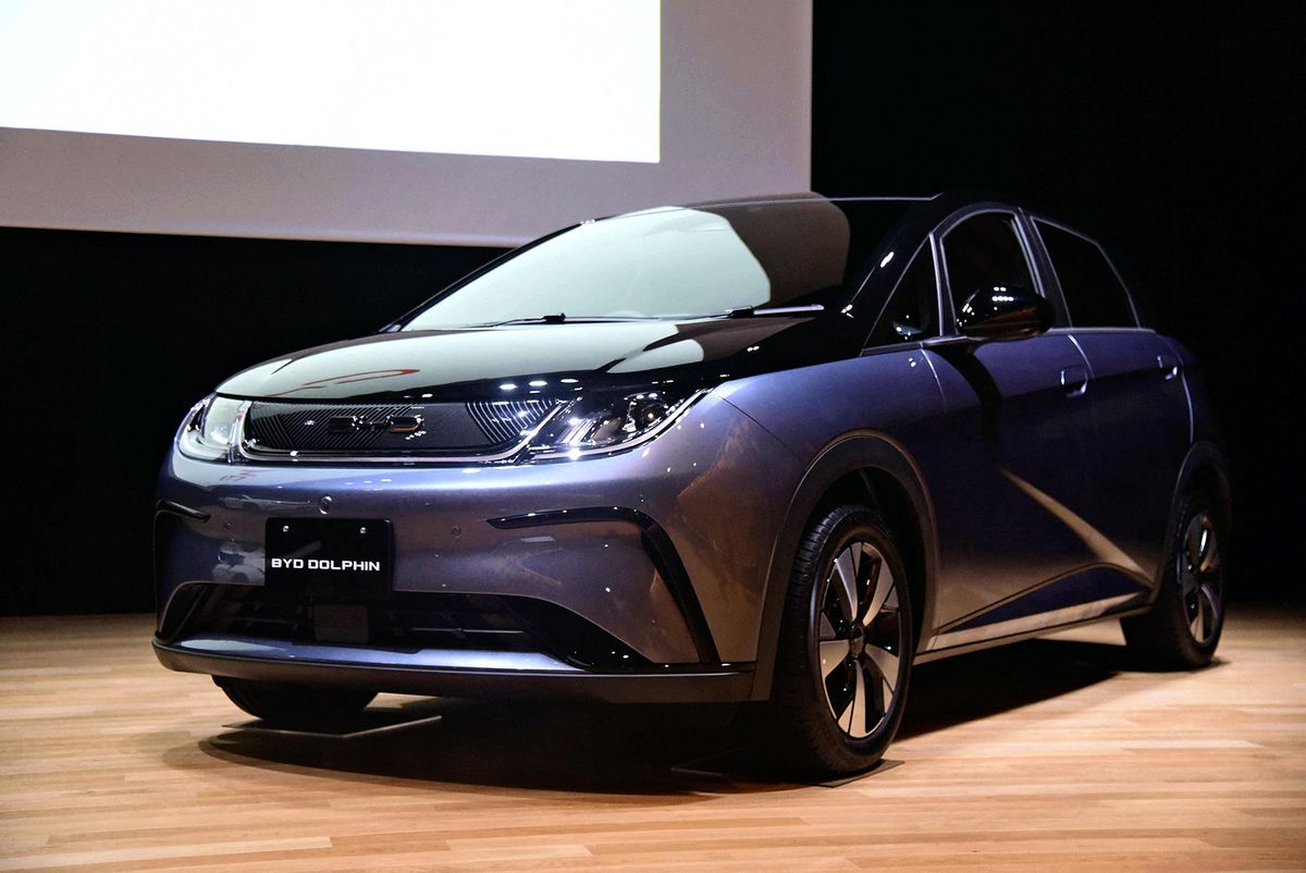 BYD Auto Japan shows BYD’s new EV DOLPHIN in Tokyo on Sep. 20, 2023. The electric vehicle of Chinese company was launched on the same day in Japan.?( The Yomiuri Shimbun ) (Photo by Kentaro Otsuka / Yomiuri / The Yomiuri Shimbun via AFP)