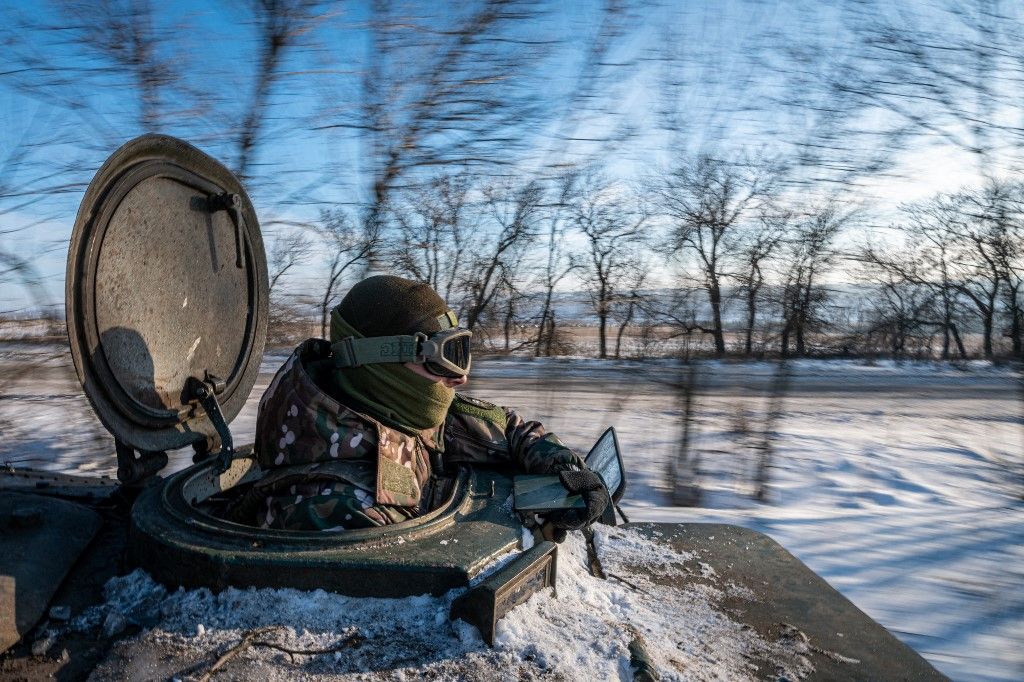Military mobility of Ukrainian soldiers in Donetsk OblastDONETSK OBLAST, UKRAINE - JANUARY 13: Ukrainian soldier drives an anti-aircraft vehicle towards its position at the Bakhmut frontline, in Donetsk Oblast, Ukraine on January 13, 2024. Drone and air strikes have become increasingly important as the war entered into a stalemate and both sides are heavily fortified. Ignacio Marin / Anadolu (Photo by Ignacio Marin / ANADOLU / Anadolu via AFP)