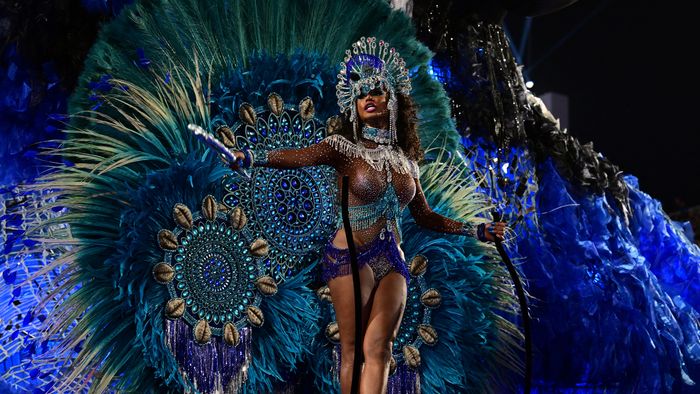 Members of Portela samba school perform during the last night of the Carnival parade at the Marques de Sapucai Sambadrome in Rio de Janeiro, Brazil, on February 12, 2024.
