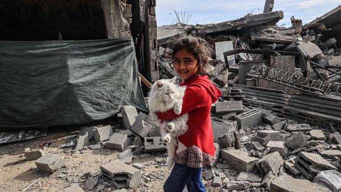 A Palestinian child carries a cat in the rubble of damaged buildings following Israeli bombardment in Rafah, on the southern Gaza Strip on February 12, 2024, amid ongoing battles between Israel and the militant roup Hamas. Israel announced on February 12 the rescue of two hostages in the southern Gaza city of Rafah, where the Hamas-run health ministry said "around 100" Palestinians including children were killed in heavy overnight air strikes.
