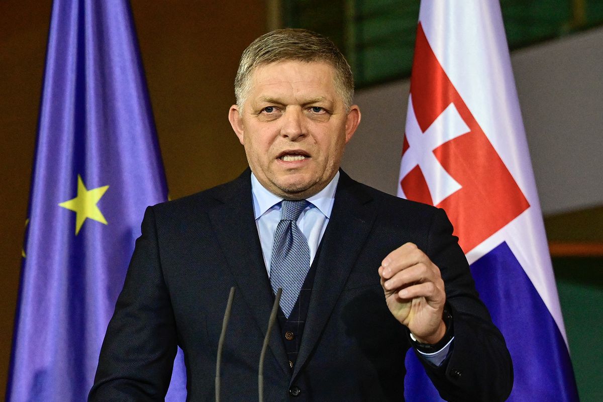Slovakia's Prime Minister Robert Fico speaks during a press conference with the German Chancellor (unseen) at the Chancellery in Berlin, on January 24, 2024. (Photo by JOHN MACDOUGALL / AFP)