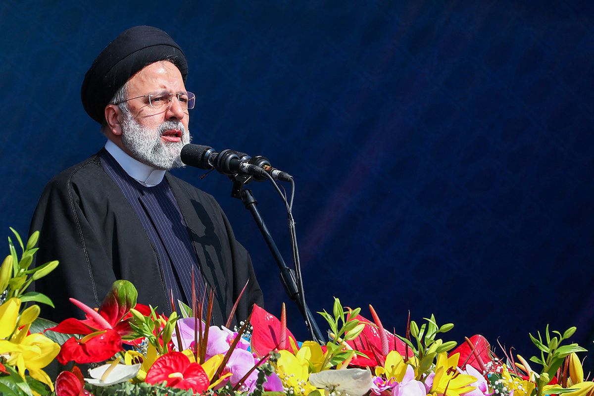 A handout picture provided by the Iranian Presidency on February 11, 2024, shows Iran's President Ebrahim Raisi addressing the crowd in Tehran's Azadi (freedom) square, on the occasion of the 45th anniversary of the Islamic Revolution. Raisi condemned arch foe Israel over the Gaza war and demanded it be expelled from the United Nations. (Photo by Iranian Presidency / AFP) / === RESTRICTED TO EDITORIAL USE - MANDATORY CREDIT "AFP PHOTO / HO / IRANIAN PRESIDENCY" - NO MARKETING NO ADVERTISING CAMPAIGNS - DISTRIBUTED AS A SERVICE TO CLIENTS ===